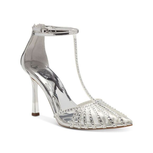 INC Shoes - INC Womens Silver T-Strap Metallic Sovena Pointed Toe Stiletto Pumps Shoes 6 M